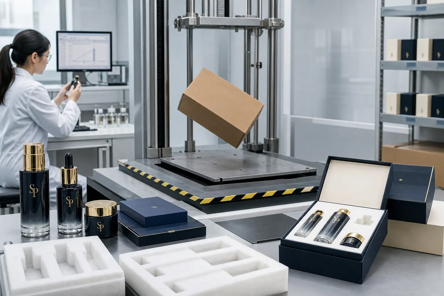 Transit test setup with SHANGPIN LAB cosmetic bottles, cartons and protective inserts