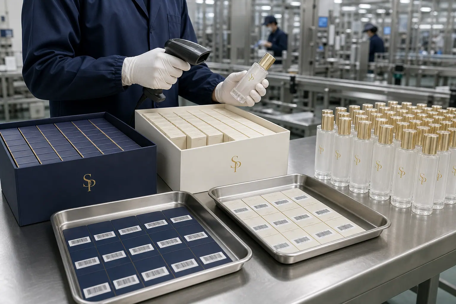 Operator scanning labels beside separated SHANGPIN LAB cosmetic SKU trays