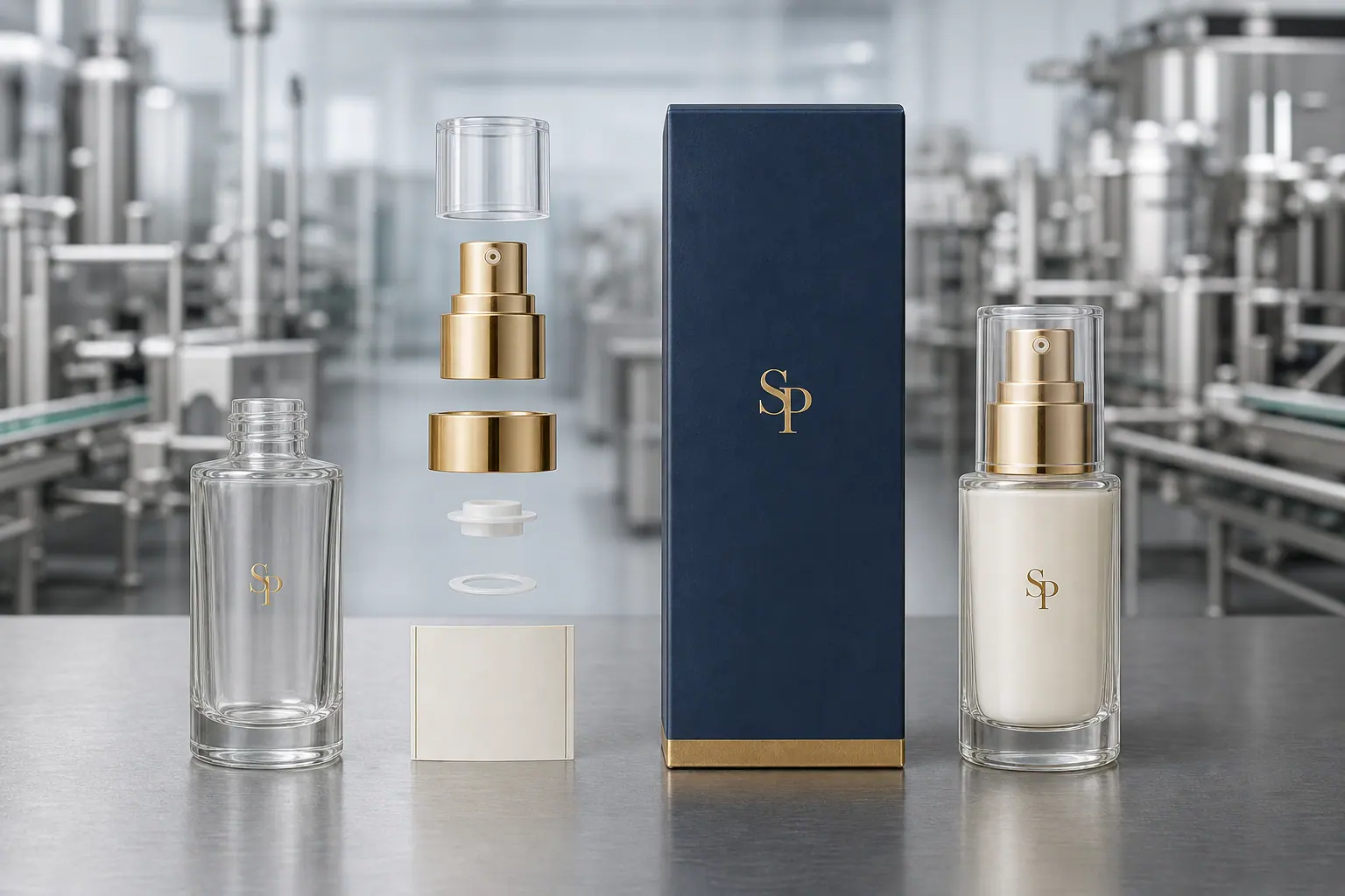 Exploded cosmetic packaging components with a finished SHANGPIN LAB bottle and carton