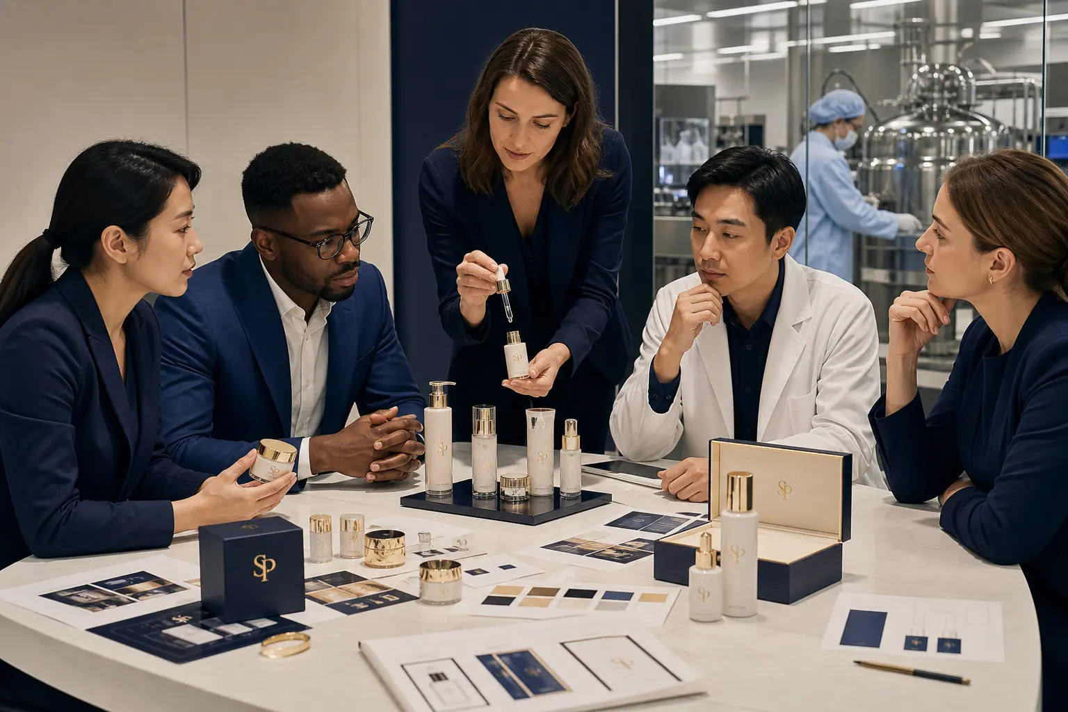 Cross-functional team reviewing SHANGPIN LAB cosmetic formula and packaging samples