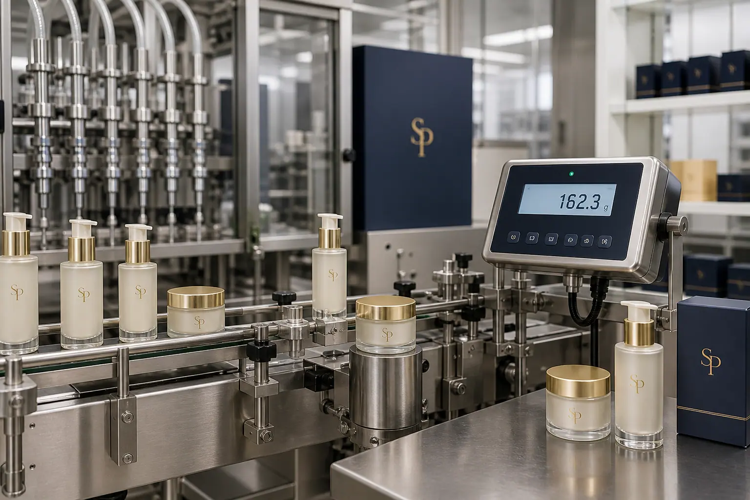 Cosmetic filling line with checkweigher and SHANGPIN LAB branded pump bottles