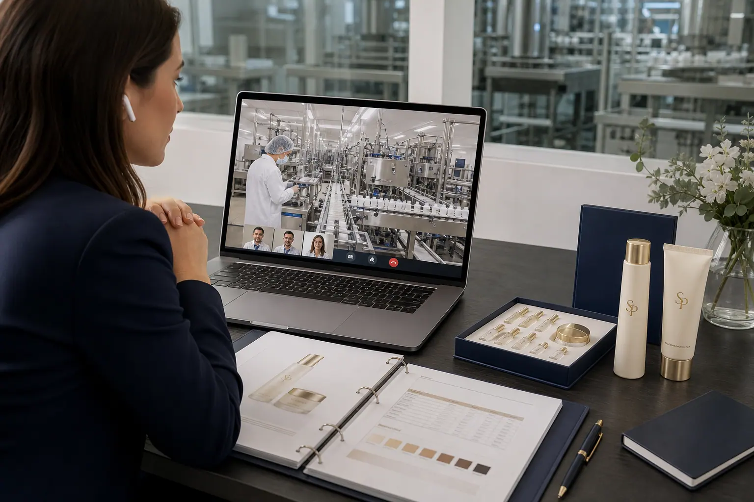 Beauty buyer conducting a remote review of a cosmetic factory and SHANGPIN LAB samples