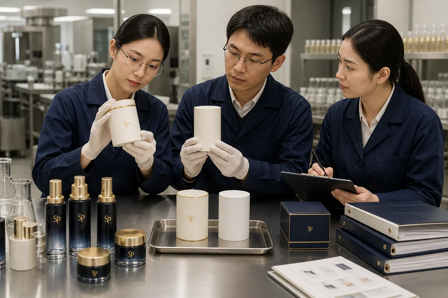 Cosmetic quality team comparing approved and proposed SHANGPIN LAB packaging components