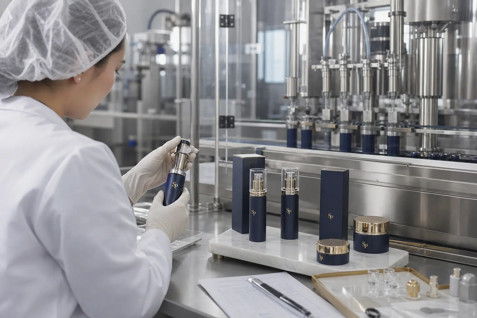 Engineer reviewing SHANGPIN LAB airless packaging during a cosmetic line trial