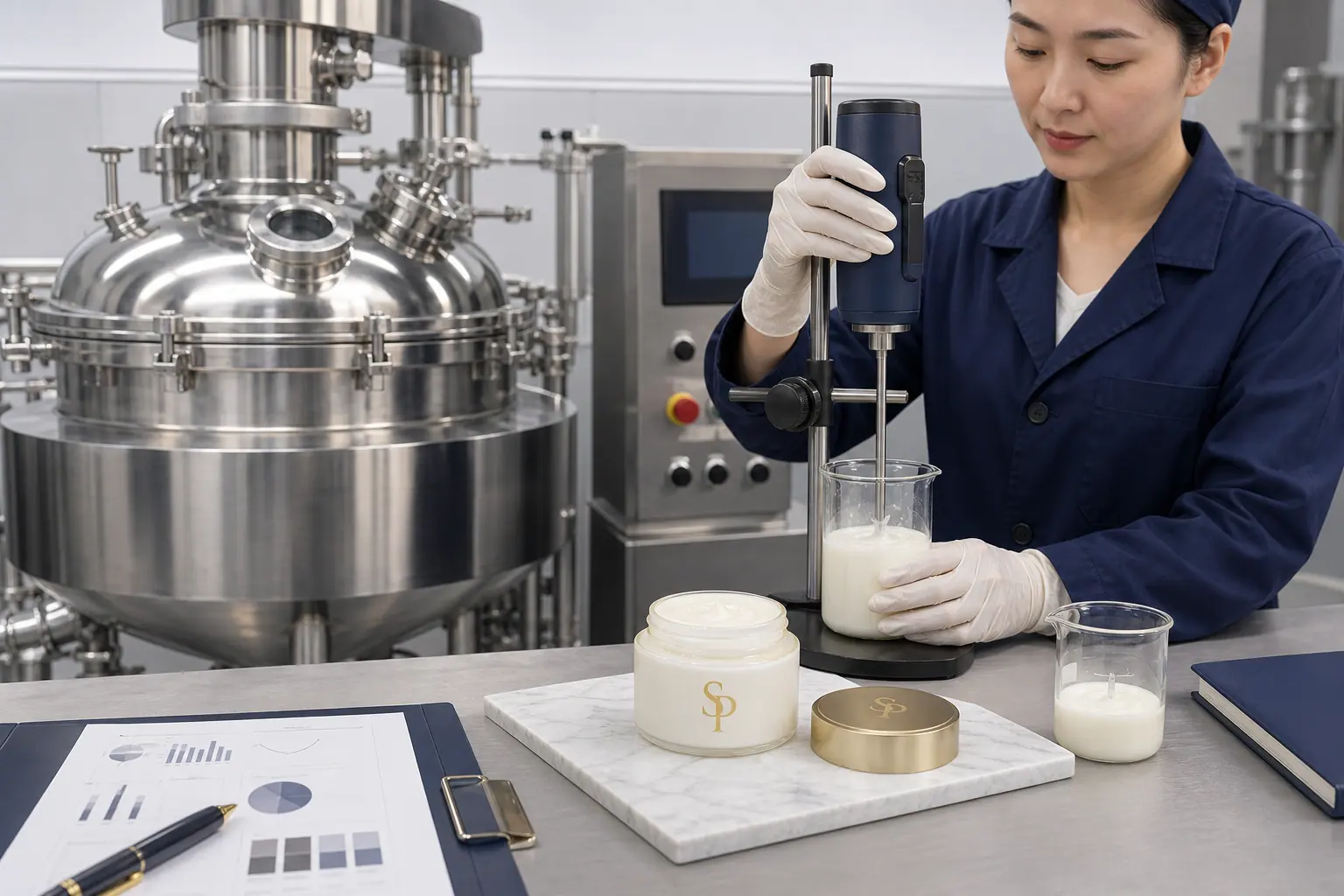 Technician measuring cream viscosity beside a cosmetic pilot mixing vessel