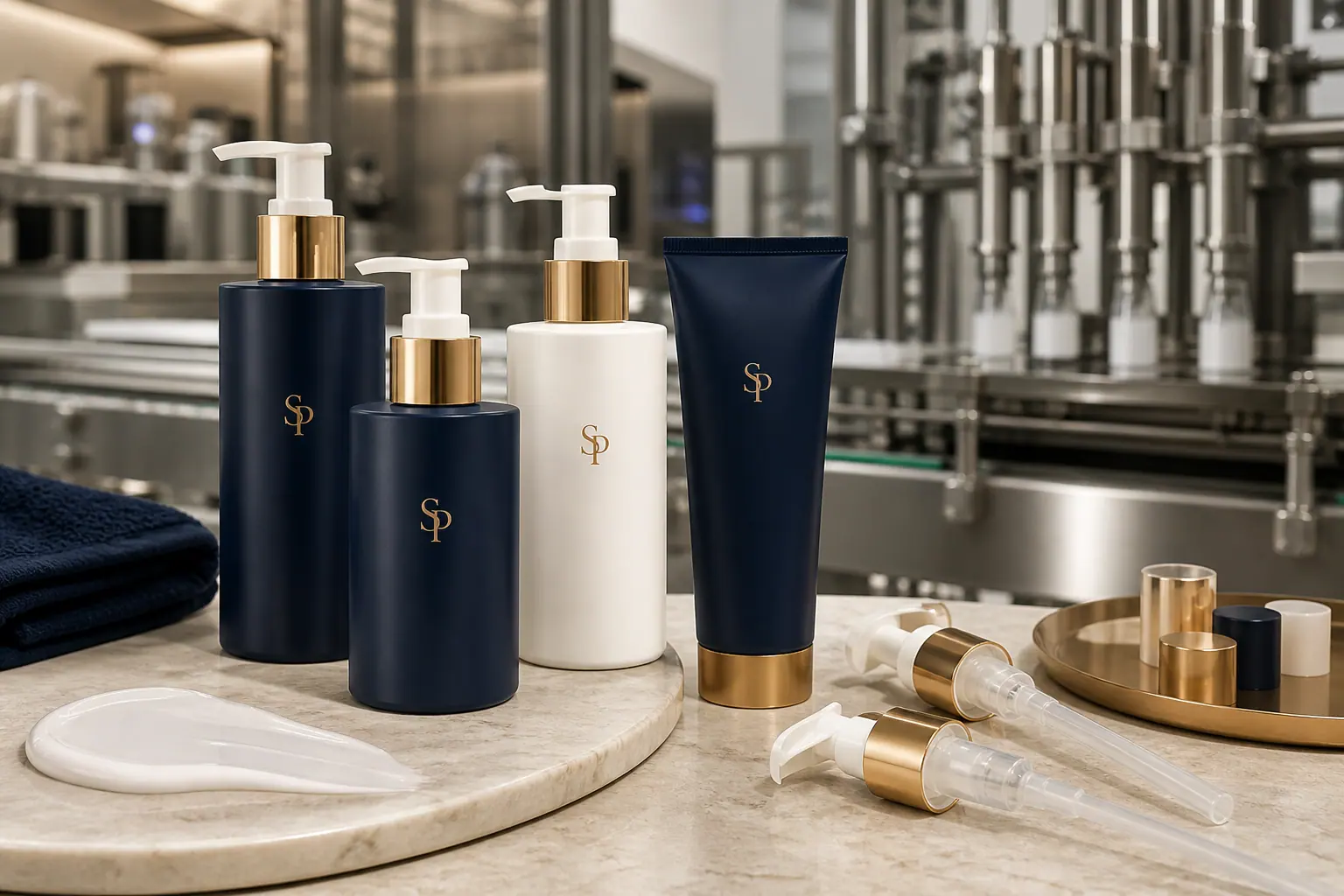 SP branded body lotion bottles and pumps beside a cosmetic filling line