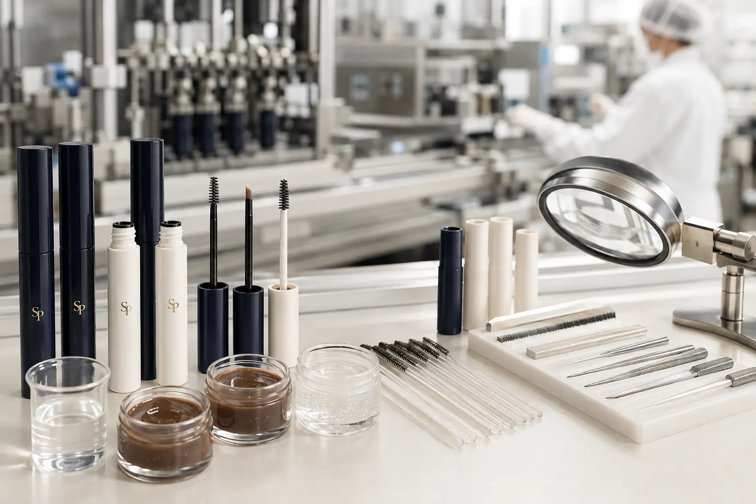 SP branded brow gel tubes with micro brushes and formula samples on a cosmetic line