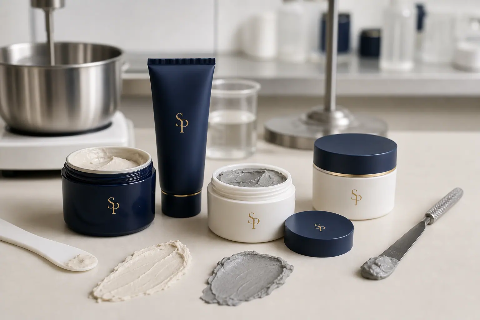 SP branded clay mask jars and tube with neutral texture swatches in a skincare laboratory