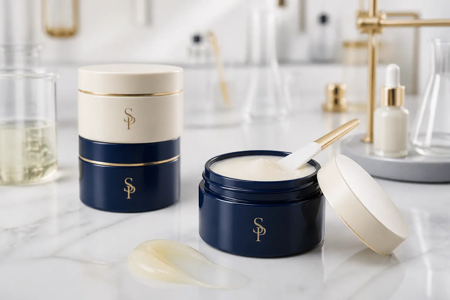 SP branded cleansing balm jars and texture sample in a formulation laboratory