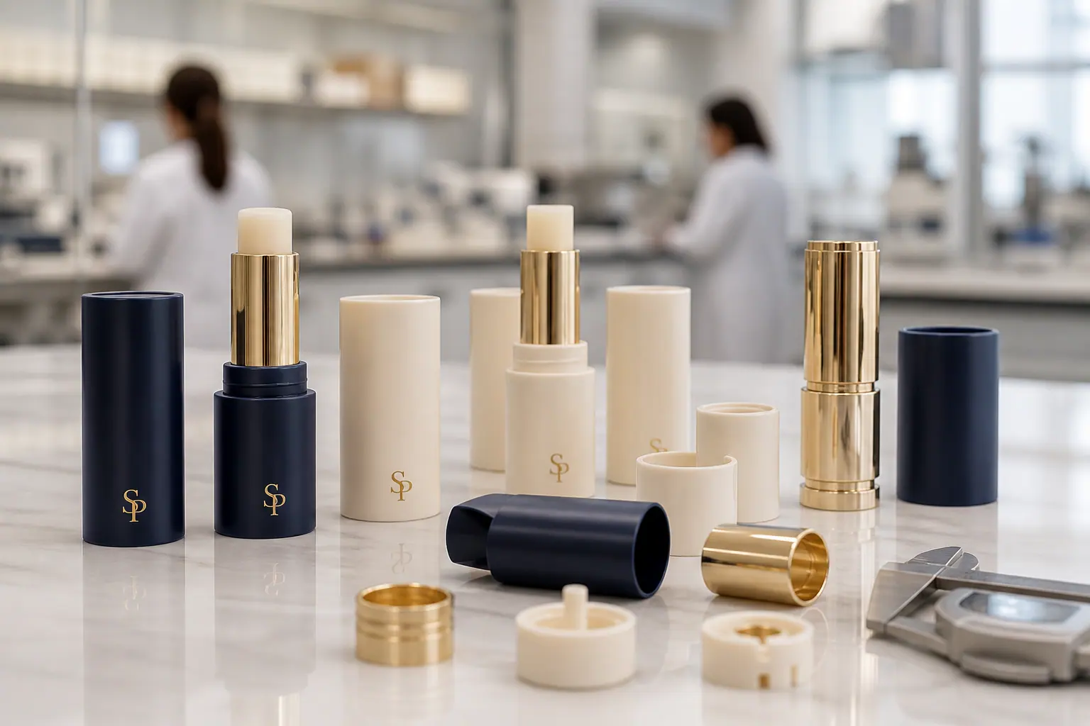 SP branded cosmetic stick components arranged for fit testing in a beauty laboratory