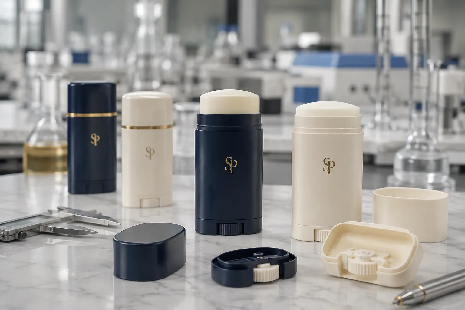 SP branded deodorant stick packages and mechanisms in a personal care laboratory