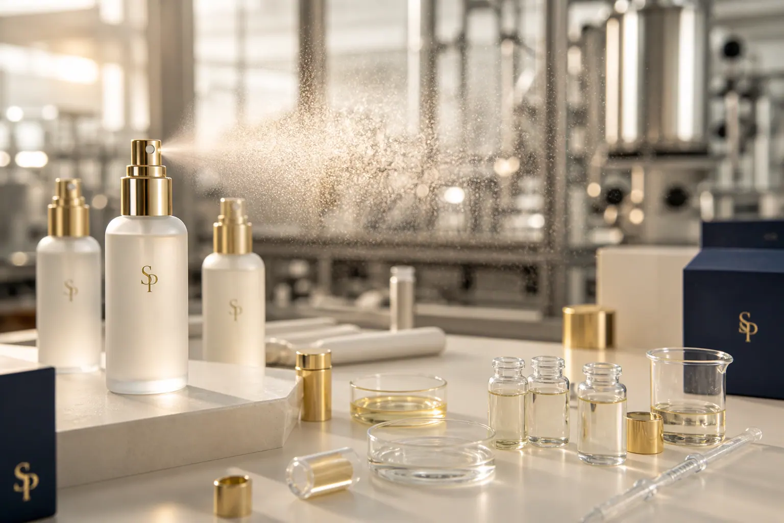 SP branded face mist bottles producing a fine spray in a cosmetic factory