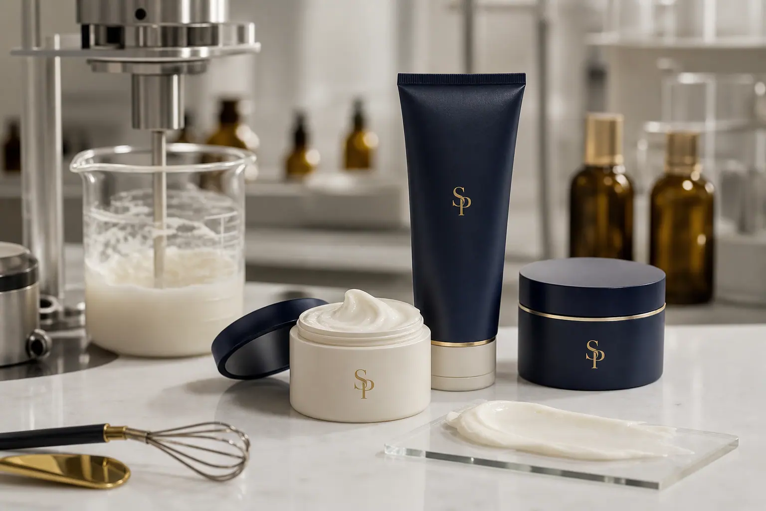 SP branded hair mask jars and tube with texture testing in a cosmetic laboratory
