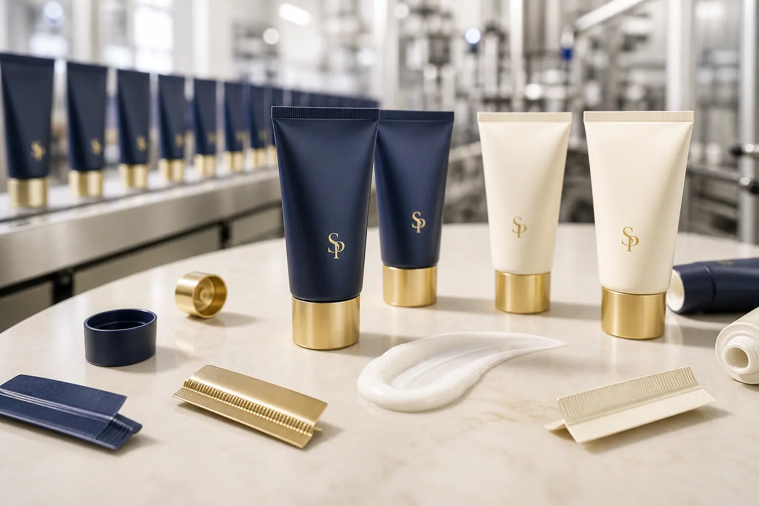 SP branded hand cream tubes with caps and crimp samples on a cosmetic packing line