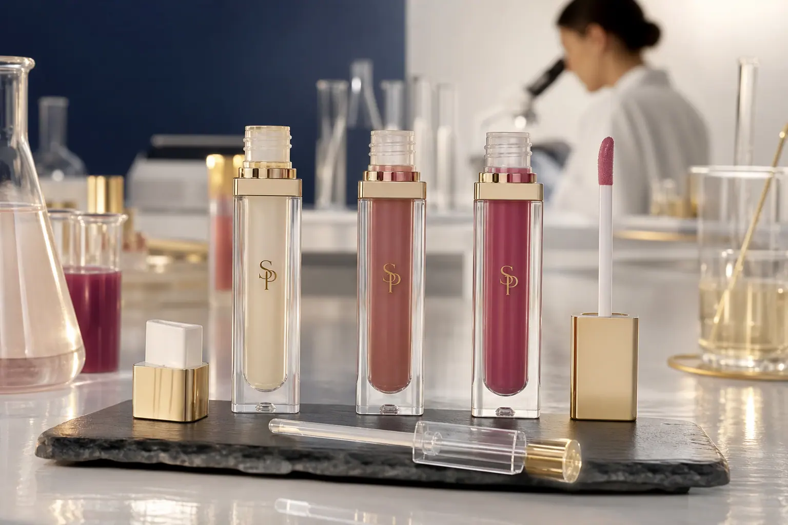 SP branded lip oil tubes and applicators in a color cosmetics laboratory