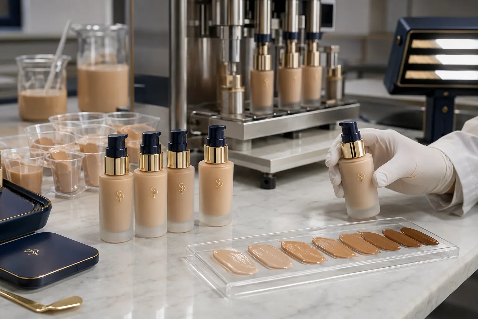 SP branded liquid foundation bottles and shade swatches in a color laboratory