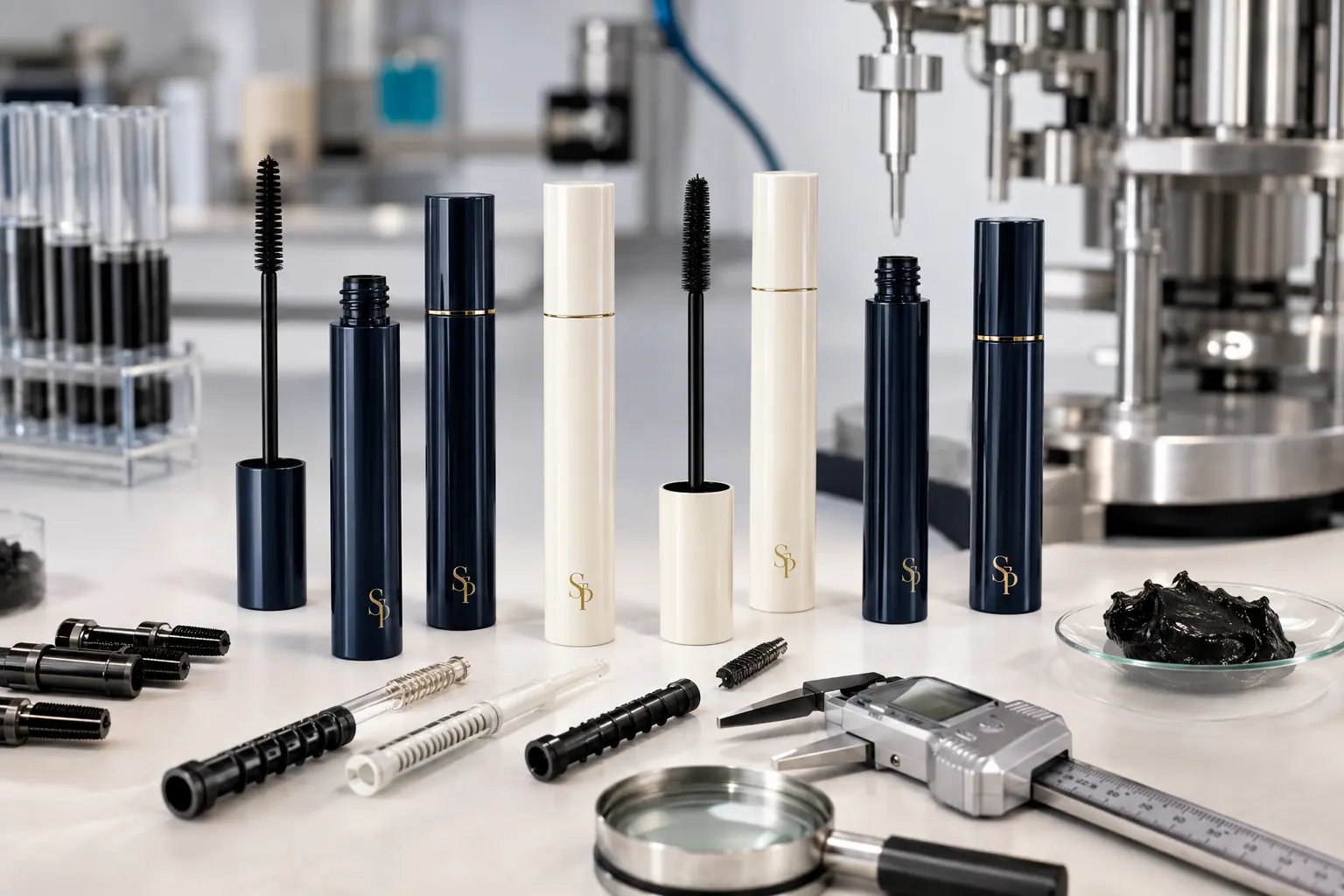 SP branded mascara tubes with brush and wiper components in a makeup factory