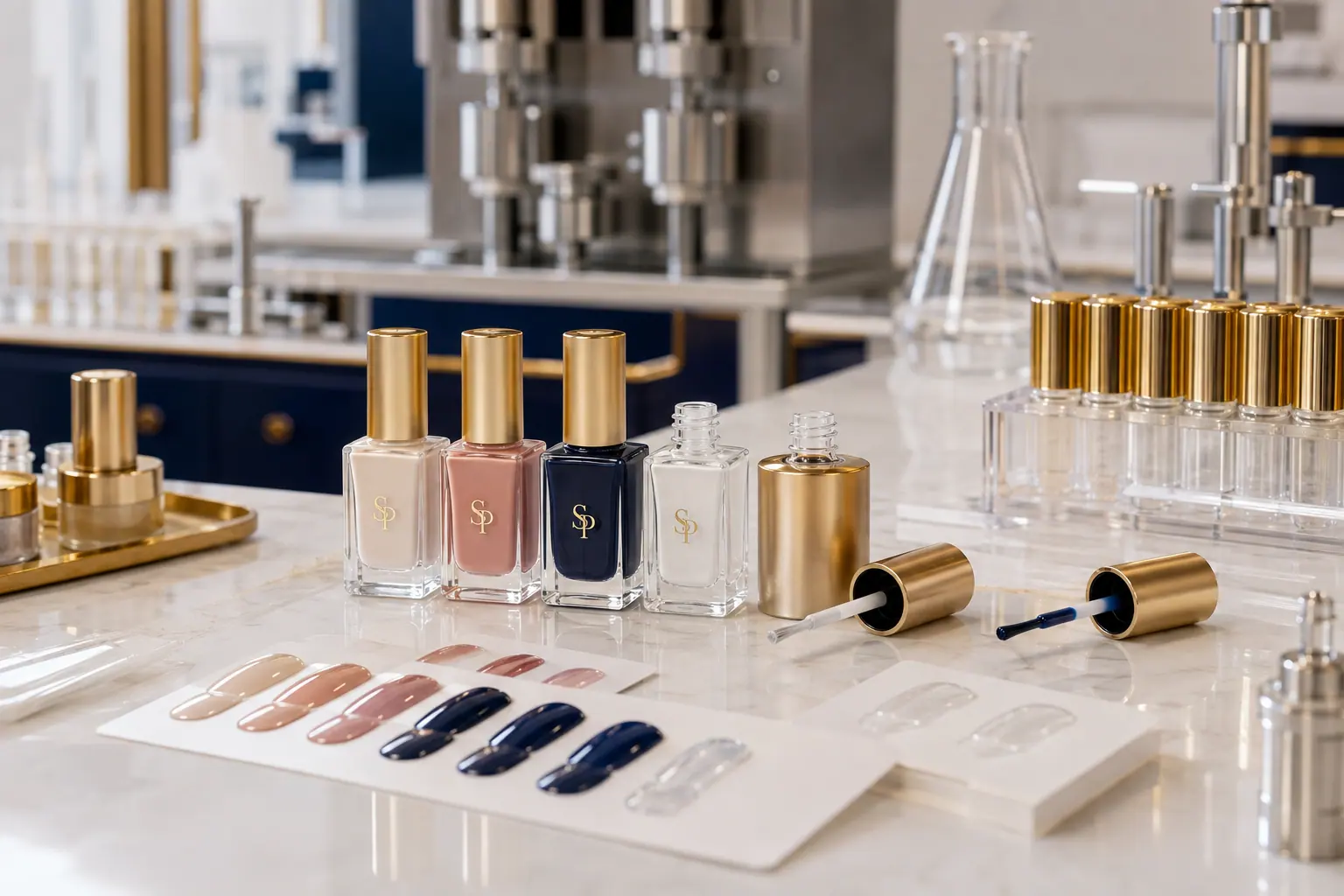 SP branded nail polish bottles with brush components and color drawdowns in a factory lab