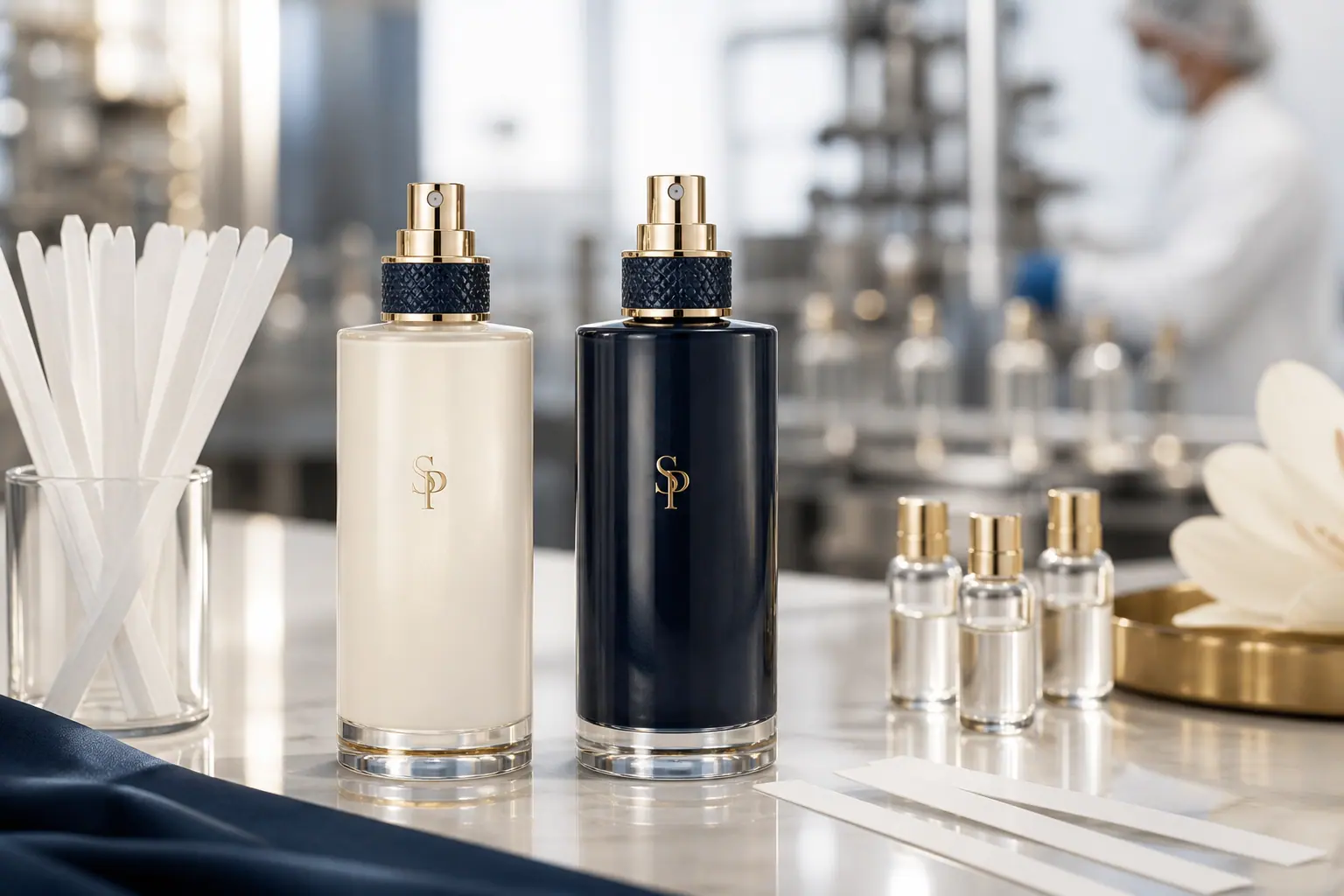 SP branded perfume body mist bottles and fragrance samples in a filling environment