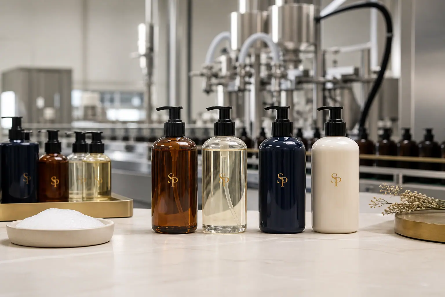 SP branded body wash bottles on a cosmetic factory filling line