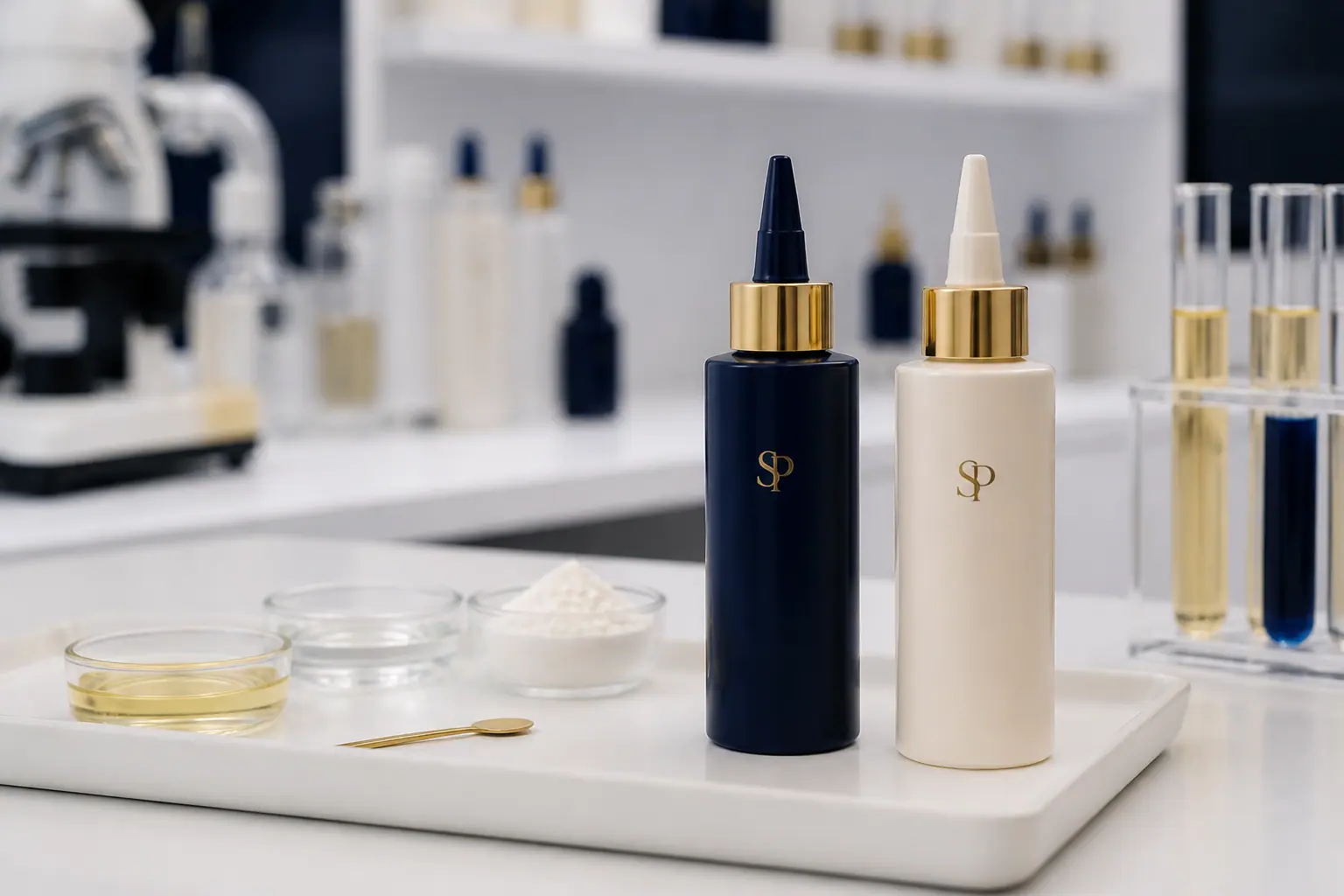 SP branded scalp serum bottles with precision applicators in a cosmetic laboratory