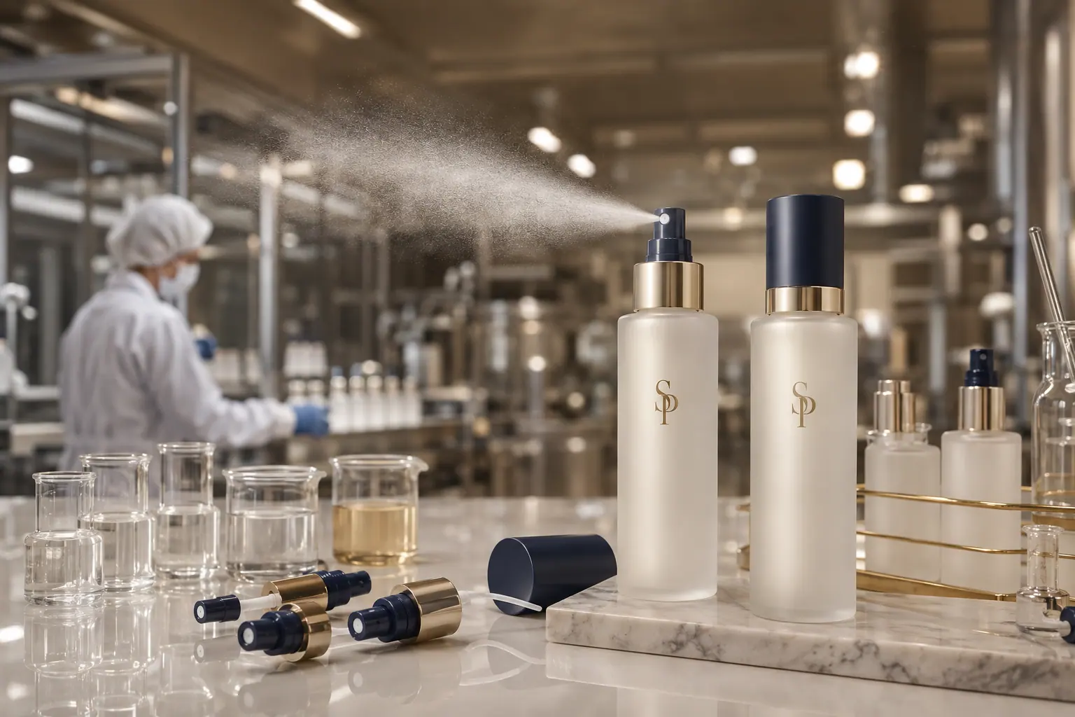 SP branded setting spray bottles producing a controlled fine mist in a cosmetic factory