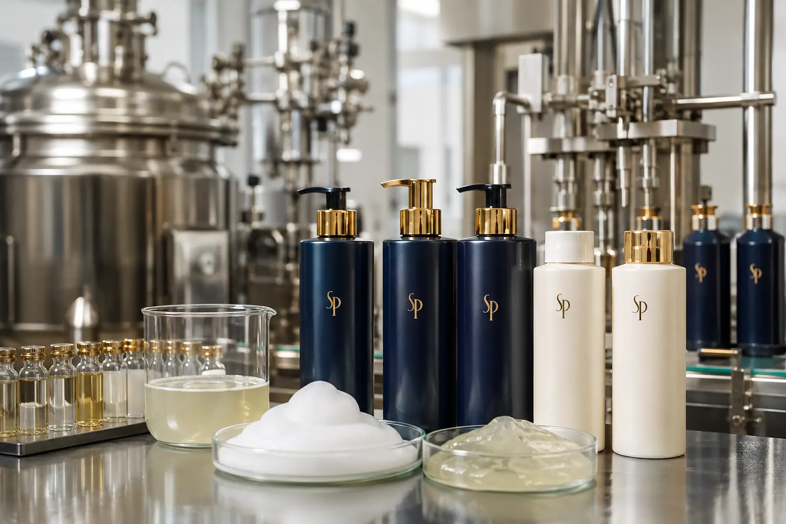 SP branded shampoo bottles with foam and viscosity samples in a hair care factory