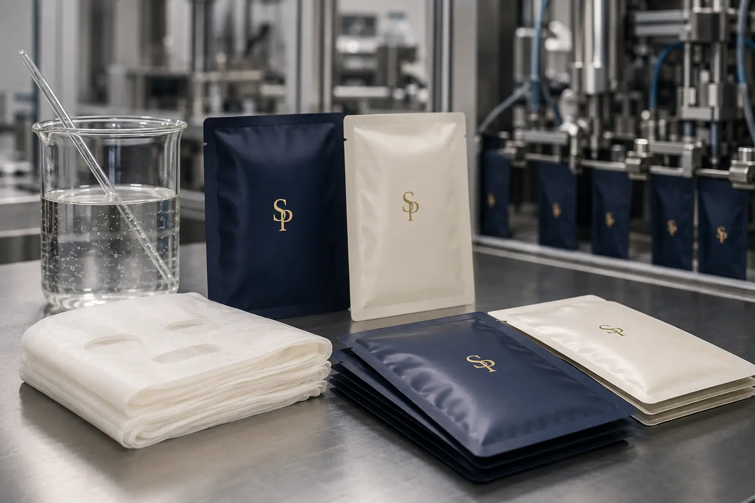 SP branded sheet mask pouches and substrate beside a pouch filling line