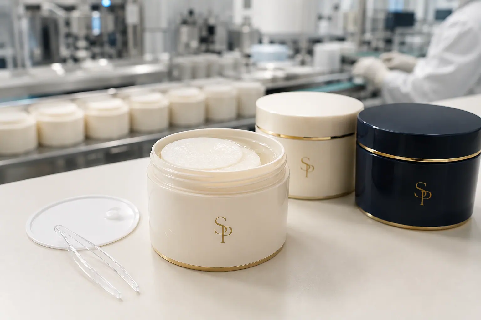 SP branded toner pad jars on a cosmetic manufacturing line